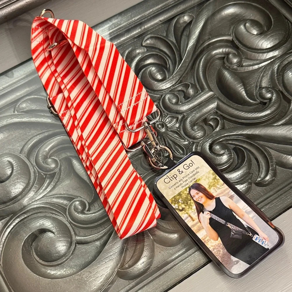 Clip & Go Crossbody Phone Strap Striped Red and White Candy Cane Christmas